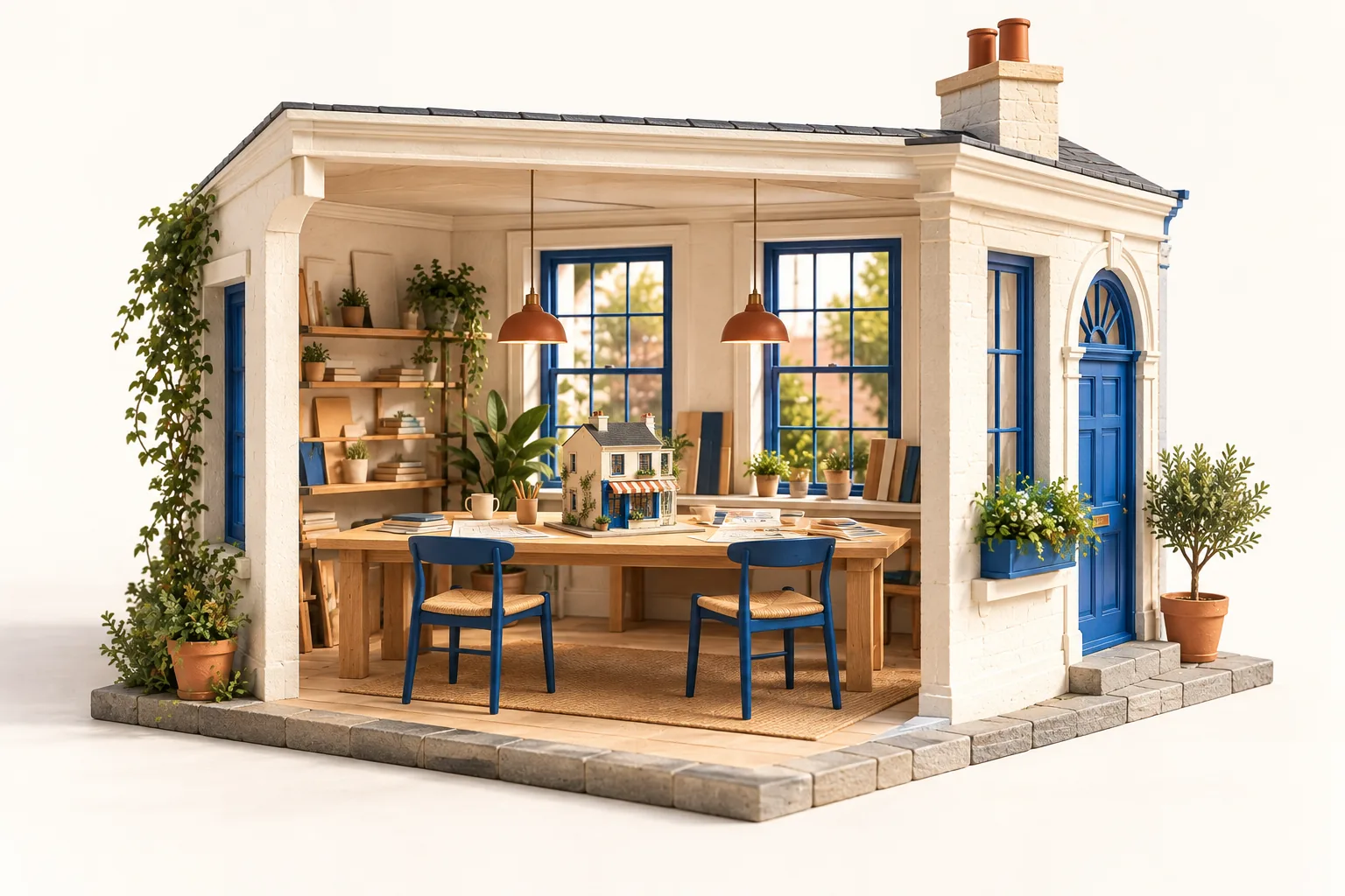 A miniature Georgian design studio with a model shopfront on the table.