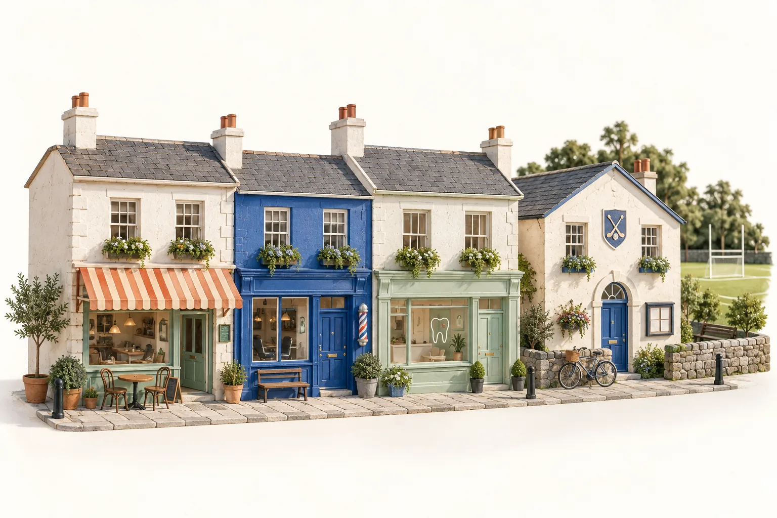A miniature Irish neighbourhood with a café, barbershop, dental practice and community clubhouse.