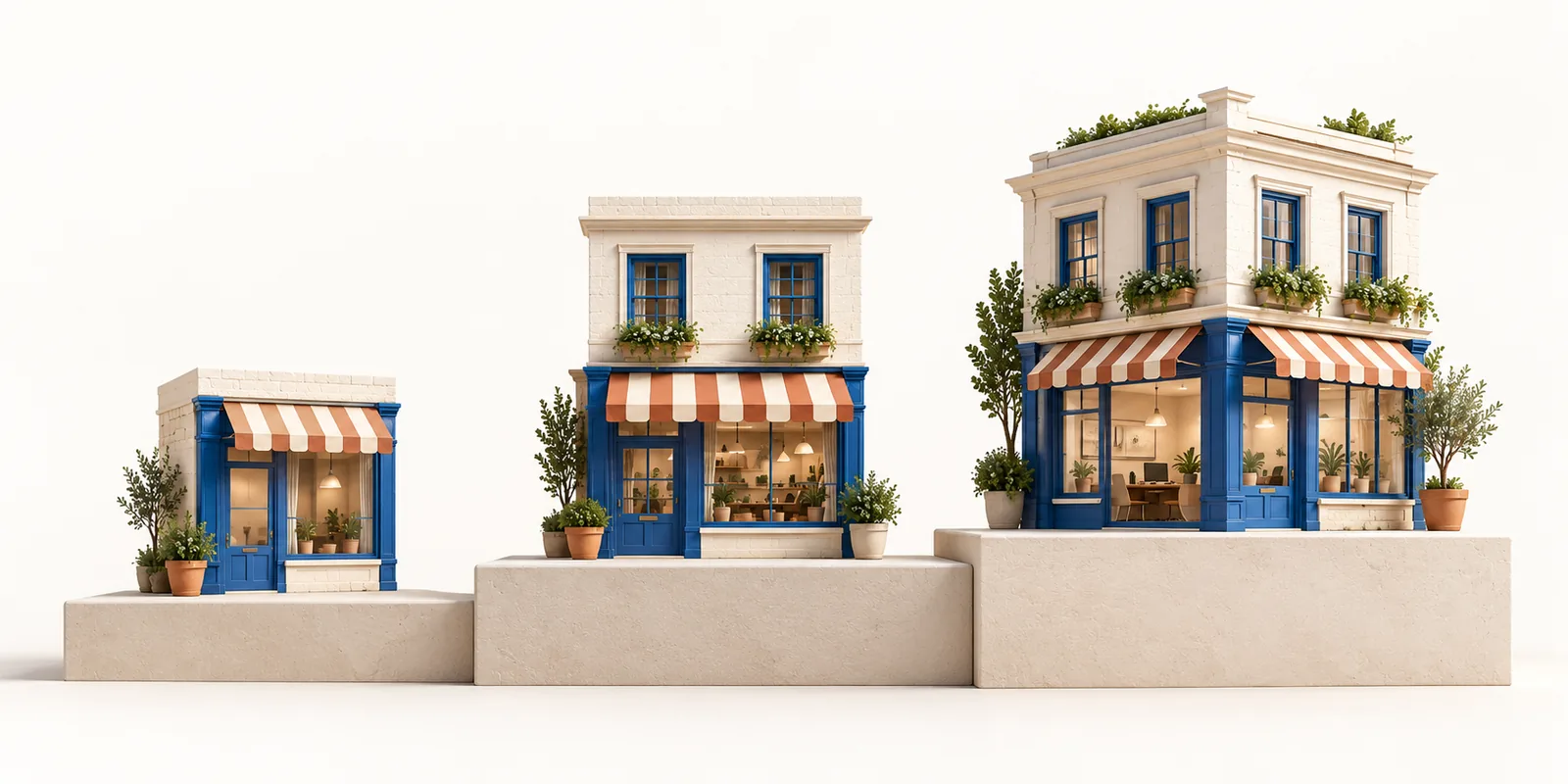 Three miniature Irish shopfronts on rising plinths, from a small kiosk to a large corner shop.