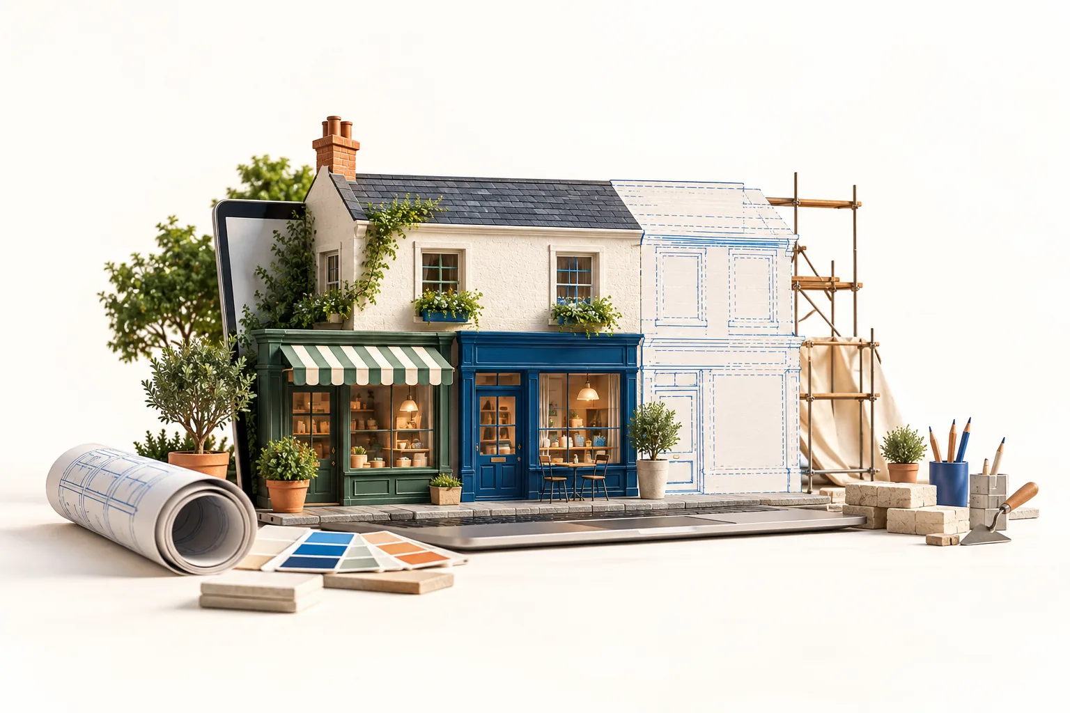 A miniature Irish shopfront, half finished and half still a blueprint, standing on a laptop.