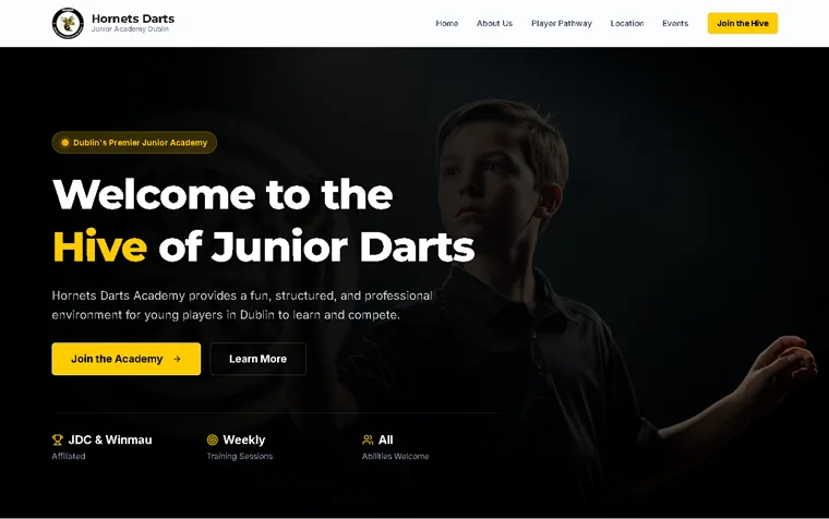 The Hornets Junior Darts Academy homepage, with the headline Welcome to the Hive of Junior Darts and a Join the Academy button.