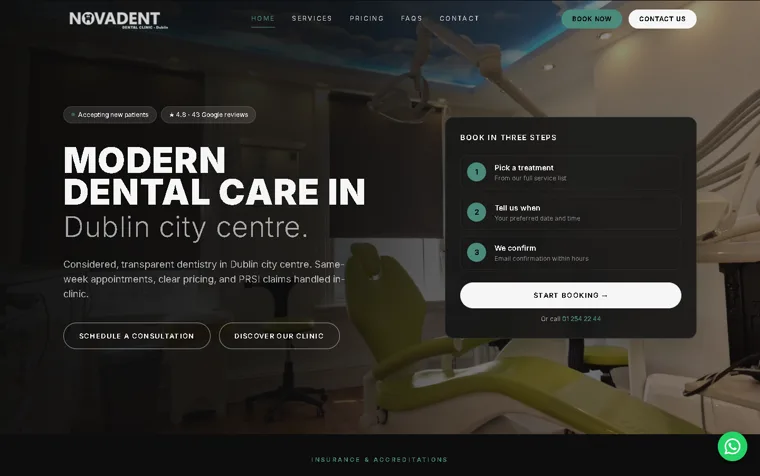 The Novadent dental clinic homepage, showing the treatment menu and a booking button.