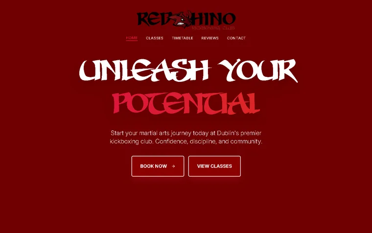 The Red Rhino Kickboxing Club homepage, showing the Unleash Your Potential headline and class booking buttons.